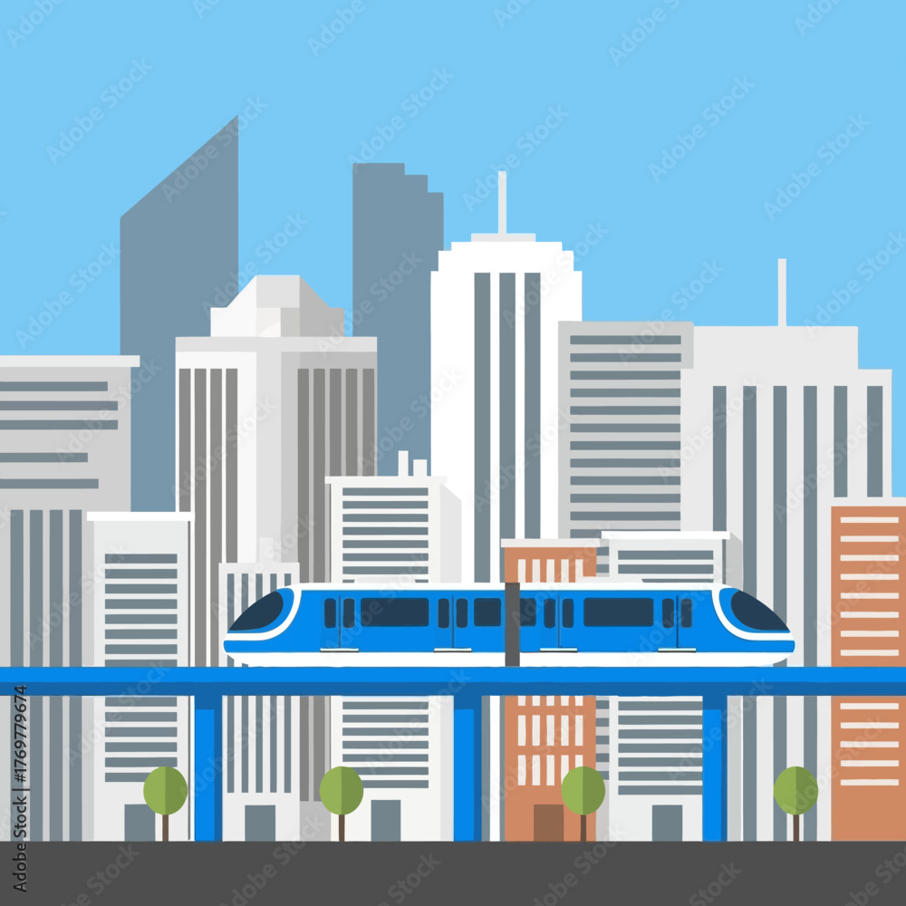 Obraz premium A modern blue monorail train traveling on an elevated track through a city with skyscrapers.