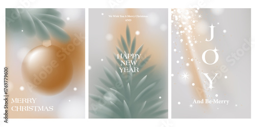 Christmas, New Year, Happy Holidays invitation, card design vector. Season's greetings. Christmas bauble, tree, snowflakes, garland. Soft pale grey, beige gradient. Elegant Blurred background.