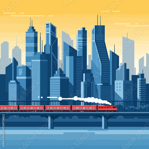 Cityscape illustration with train crossing a bridge against a skyline.