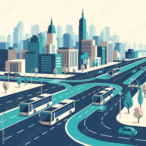 Modern city skyline with a multi-lane highway and buses, illustrating urban transportation and infrastructure.