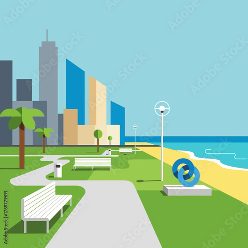 Flat design illustration of a modern city park and beach promenade with skyscrapers, palm trees, benches, and a sculpture by the ocean.