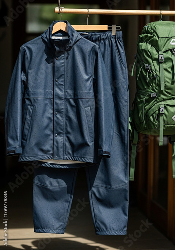 Practical navy blue waterproof rain suit, with a hooded jacket and matching pants, designed for outdoor adventures and dependable protection from rain