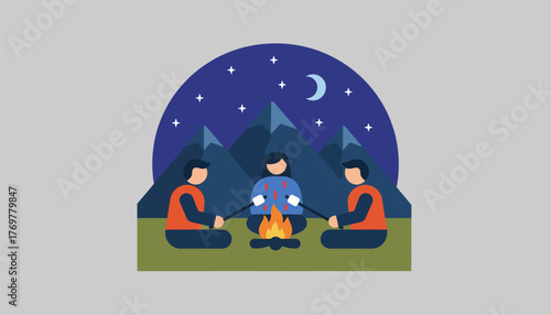 A national park scene with campers roasting marshmallows over a crackling campfire beneath a starlit sky.