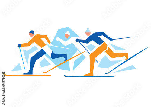 Cross Country Skiers,competition. Illustration of three cross-country ski competitors on white backgground. Vector available.