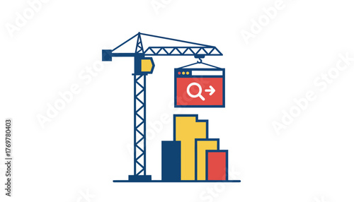Construction crane lifting a web browser window displaying a search icon, building blocks representing website development and seo growth process on a white background