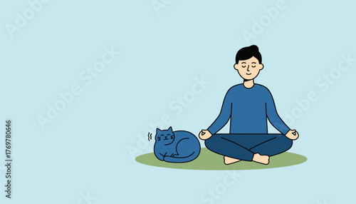 A serene scene of a person practicing mindfulness while meditating next to a calm purring cat.
