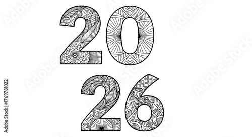 Intricate black and white illustration of the year 2026, featuring detailed abstract and geometric patterns, perfect for new year designs, future event planning, decorative calendars, 