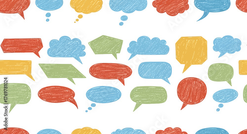 Seamless Pattern of Colorful Hand-Drawn Speech Bubbles with Artistic Crayon Texture, Perfect for Communication, Dialogue, and Idea Exchange Backgrounds and Creative Projects