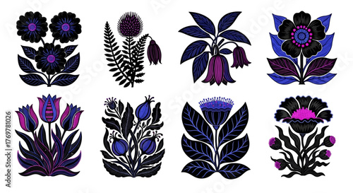 Floral Motifs in Dark Blue and Purple Graphic Botanical Elements