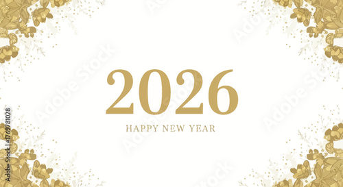 Elegant 2026 New Year greeting card background with golden decorative elements and festive typography, perfect for holiday celebrations, season's wishes, and event invitations
