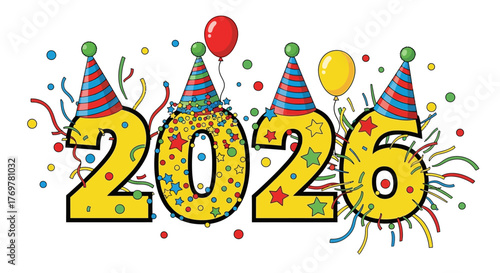 Vibrant 2026 Celebration Festive Decorations and Colorful Confetti for the New Year