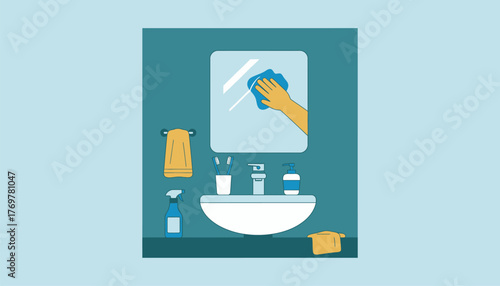 A bathroom being cleaned featuring a toothbrush holder and soap dispenser beside a sparkling sink and freshly wiped mirrors.