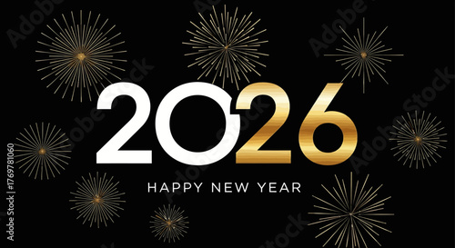 Elegant Happy New Year 2026 celebration banner with golden fireworks bursts on a dark background, perfect for festive greetings, digital promotions, and marketing designs