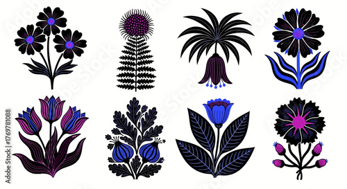 A collection of stylized decorative folk art flowers in a bold graphic style with a dark, moody color palette of black, blue, and purple