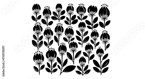 Monochrome Floral Pattern Graphic Flowers and Leaves