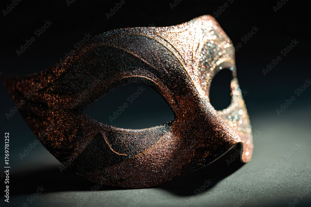 Naklejka premium Intricate masquerade mask adorned with glitter, capturing the essence of festive celebrations and New Year joy, showcasing elegance and mystery