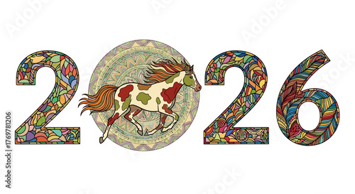 Vibrant 2026 New Year design featuring an artistically patterned horse in a mandala, with numbers adorned by intricate, colorful bohemian designs, ideal for festive celebrations and modern greetings