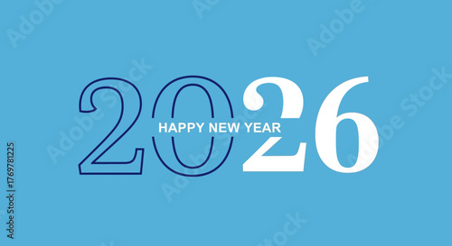 Happy New Year 2026 celebration graphic with blue background and text in white and blue