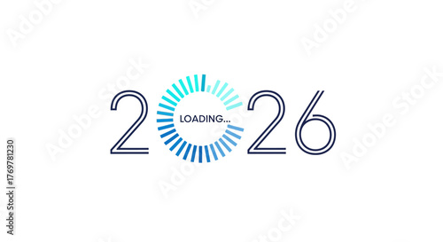Creative concept for the new year 2026 with a futuristic blue loading progress bar on a clean white background, symbolizing anticipation and a fresh start