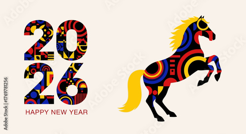2026 Happy New Year Colorful Horse and Geometric Design for Celebrations and Greetings