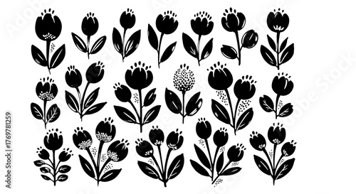 Beautiful array of stylized black and white floral vector elements, showcasing intricate botanical patterns for folk art, textile, and graphic design applications