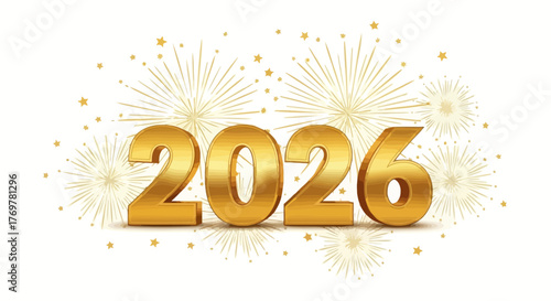 Bright golden volumetric number 2026, surrounded by dazzling golden fireworks bursts and festive sparkling confetti, symbolizing a joyous New Year celebration and prosperous future