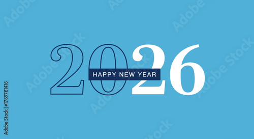 Happy New Year 2026 graphic with bold typography and minimal design on a blue background