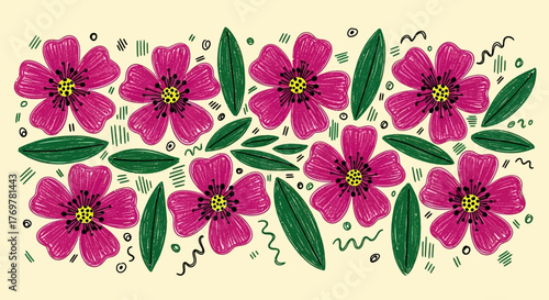 Vibrant Floral Border Illustration Pink Flowers and Green Leaves, Hand-Drawn Design Element