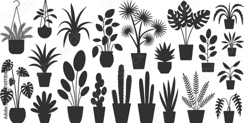 Black silhouette potted plants, indoor foliage icons, hanging pots, leaf shapes, botanical vector set, decorative houseplants, minimalist plant design