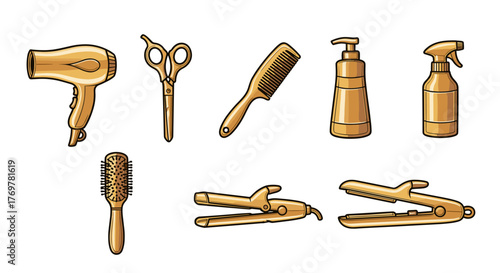 Collection of golden hairdressing tools and accessories, including a hairdryer, scissors, comb, hairbrush, shampoo dispenser, spray bottle, curling iron, and flat iron, isolated on a black
