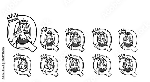 A collection of stylized queen icons, each wearing a crown and a heart-shaped bodice, presented in a grid format with subtle variations in detail and outline, evoking a sense of royalty and graphic