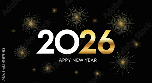 Elegant 2026 Happy New Year banner design with golden text and sparkling fireworks on a dark background. Festive vector graphic for holiday greetings