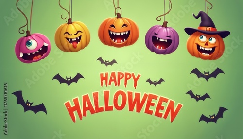 illustration of Halloween decorations with pumpkins and monster faces on a green color background
