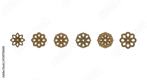 A collection of six distinct golden floral mandala patterns, intricately designed with geometric symmetry and elegant curves, presented against a stark black background, symbolizing harmony