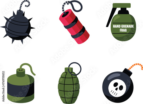 Realistic cartoon bomb and grenade vector illustration set, including dynamite, landmine, and hand grenade designs for military, weapon, and gaming concepts, isolated on white background