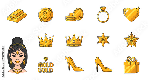 A vibrant collection of golden icons representing wealth, luxury, and success, featuring gold bars, coins, a diamond ring, a heart, crowns, stars, a woman in traditional attire, high heels, and a