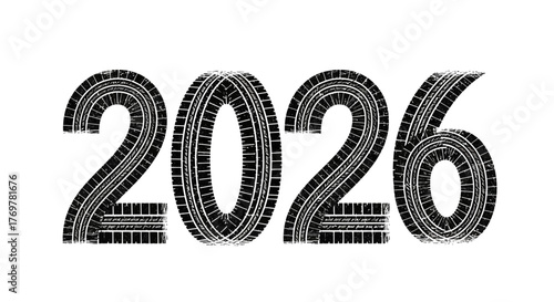 The year 2026 represented by tire treads, symbolizing progress, future, and journey