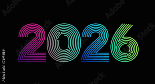 The year 2026 represented with a vibrant, retro-futuristic gradient line art design against a black background, evoking a sense of time and progress