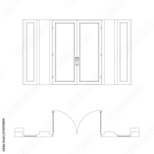 entrance door floor plan top view and side. Architectural kit of icons for interior project. Door for scheme of apartments. Construction symbol