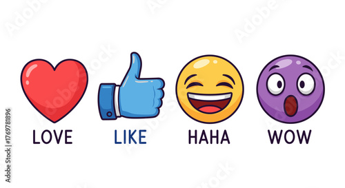 A vibrant collection of popular social media reaction icons, including a red heart for love, a blue thumbs-up for like, a laughing emoji for haha, and a surprised purple face for wow, all set against