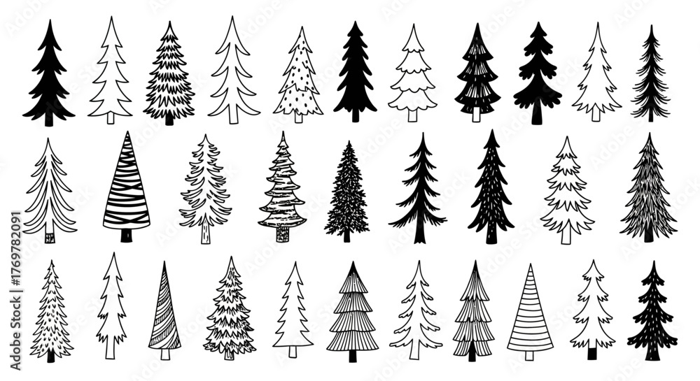 Obraz premium Diverse collection of hand-drawn evergreen tree vector illustrations, perfect for festive winter holiday graphics, seasonal designs, nature themes, and creative projects