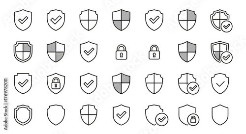 Collection of security and protection icons, including shields with checkmarks, locked padlocks, and quartered shields, presented in a clean, minimalist outline style on a dark background