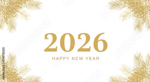 Celebrate the arrival of 2026 with this elegant Happy New Year greeting design, featuring luxurious golden botanical accents and a clean, modern aesthetic, perfect for festive announcements 