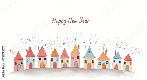 Charming watercolor village scene celebrating the arrival of the new year with sparkling fireworks and colorful streamers over quaint houses on a clear night