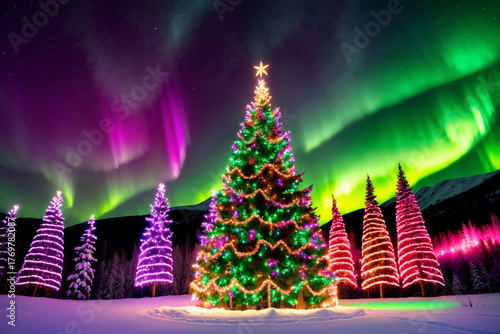 Christmas trees and lights and decorations for winter holidays in snowy forest, Christmas night, beautiful winter nature, festive background for the New Year holiday
