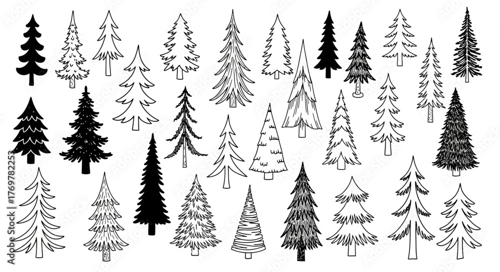 Fototapeta premium Collection of Hand-Drawn Christmas Trees Festive Forest Elements for Design and Decoration