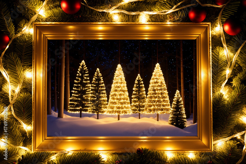frame decorated with garland and lights for New Year and Christmas holidays, with view of Christmas tree and winter landscape inside, beautiful nature like a fairy tale