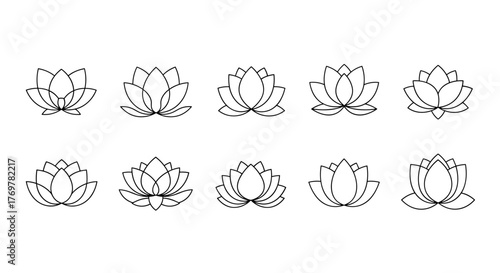 A collection of ten minimalist line art illustrations of lotus flowers, each depicted with delicate, flowing lines against a stark black background, showcasing variations in petal arrangement and