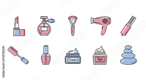 A collection of flat design icons representing beauty and spa treatments, including lipstick, perfume, makeup brush, hairdryer, mascara, nail polish, cream jar, spa jar, and stacked stones, all