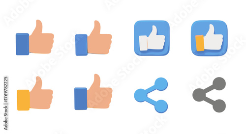 Collection of 3D social media icons featuring thumbs up symbols in various colors and styles, alongside share icons, presented on a black background, perfect for digital marketing and online